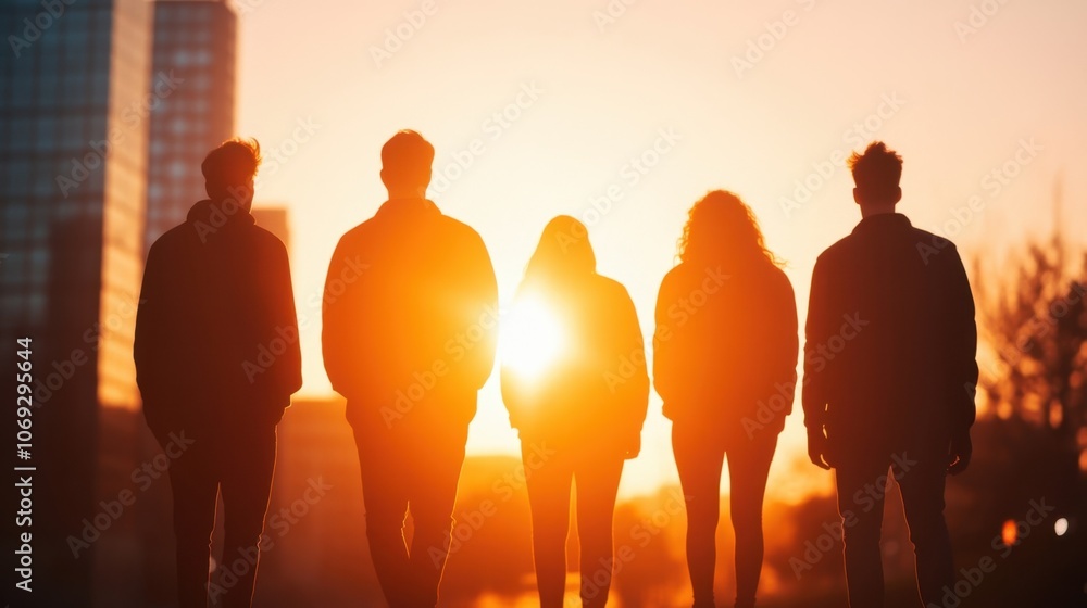 Fototapeta premium silhouettes of people standing against a vibrant sunset