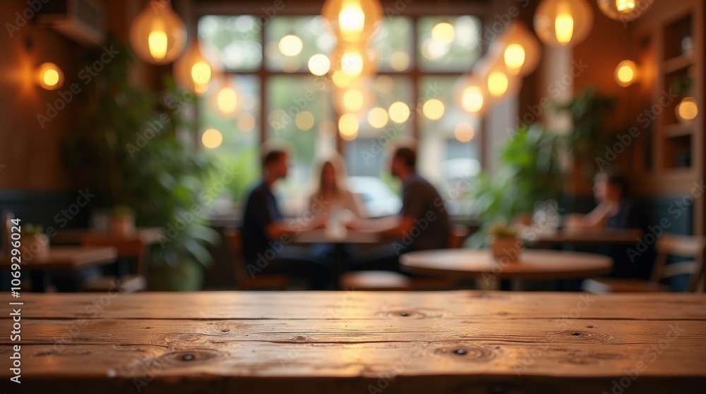Wooden tabletop with a blurred background of warm, ambient café lighting, creating a cozy and inviting atmosphere. Wooden tabletop with a blurred background of warm, ambient café lighting, creating a cozy and inviting atmosphere.