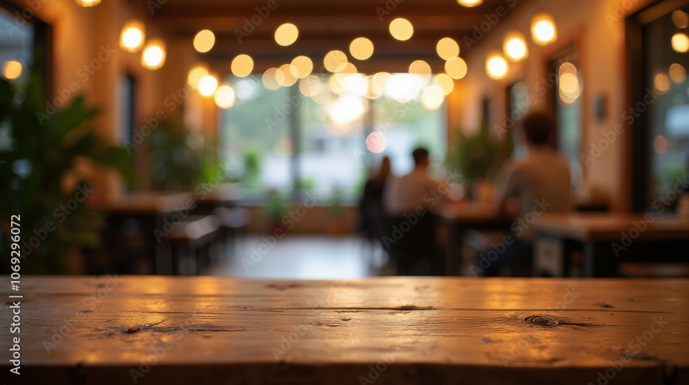 Wooden tabletop with a blurred background of warm, ambient café lighting, creating a cozy and inviting atmosphere. Wooden tabletop with a blurred background of warm, ambient café lighting, creating a cozy and inviting atmosphere.