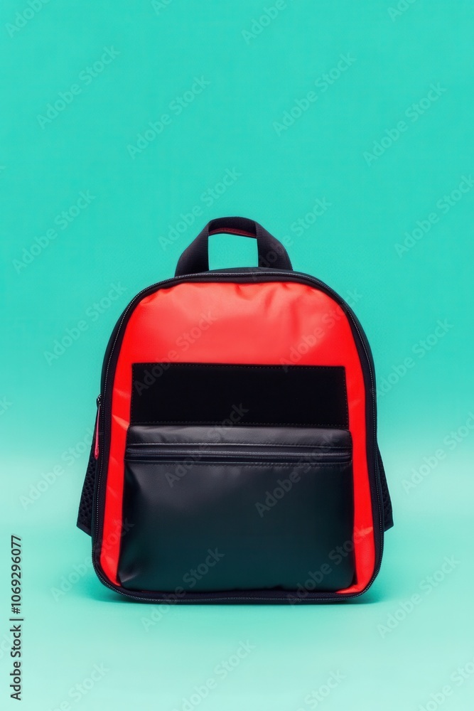 Vibrant red backpack against a turquoise background Vibrant red backpack against a turquoise background
