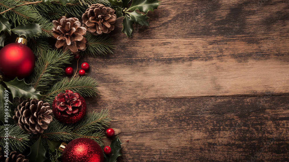 クリスマス飾りと木製テーブル クリスマス飾りと木製テーブル