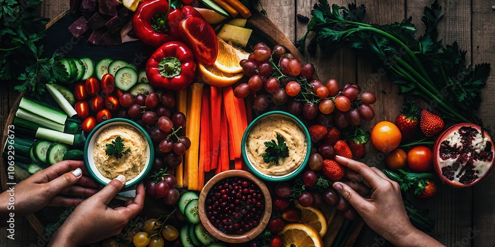 Naklejka premium Vibrant Vegetable Platter with Hummus Dip