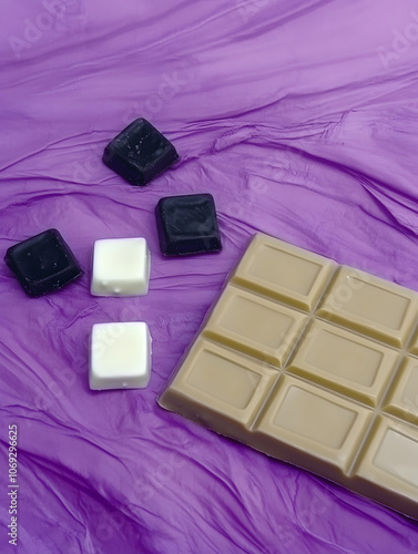 Black, white and milk chocolate board on purple fabric. photo