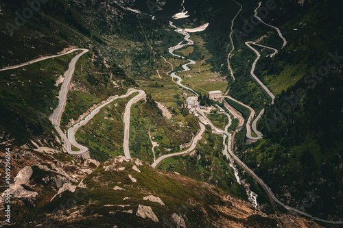 Mountain road bends in Switzerland on the Furka Pass