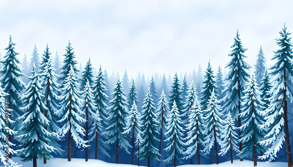 Fototapeta premium Winter forest. Watercolor illustration. Horizontal seamless pattern, comic art