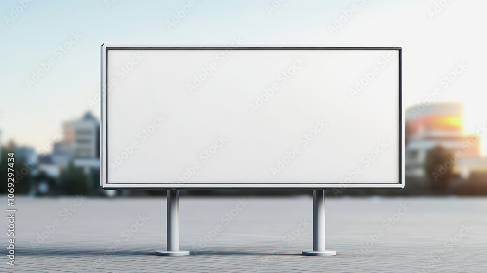 Fototapeta premium Blank advertising sign in urban area during sunset with city skyline backdrop. Generative AI