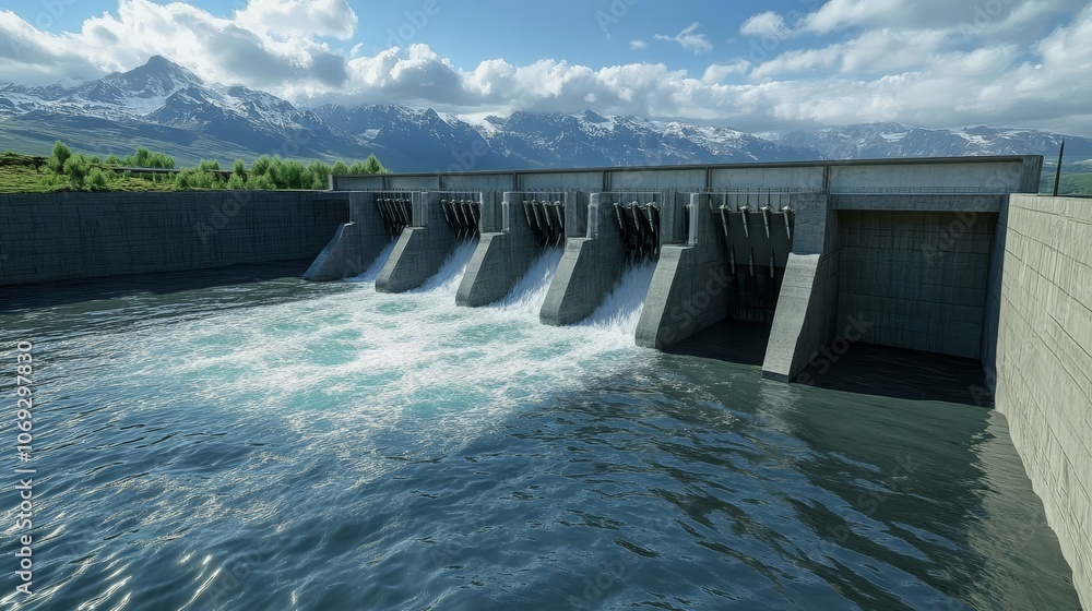A hydroelectric dam with rushing water foregrounded by majestic snow-capped mountains, symbolizing sustainable energy and environmental harmony. A hydroelectric dam with rushing water foregrounded by majestic snow-capped mountains, symbolizing sustainable energy and environmental harmony.