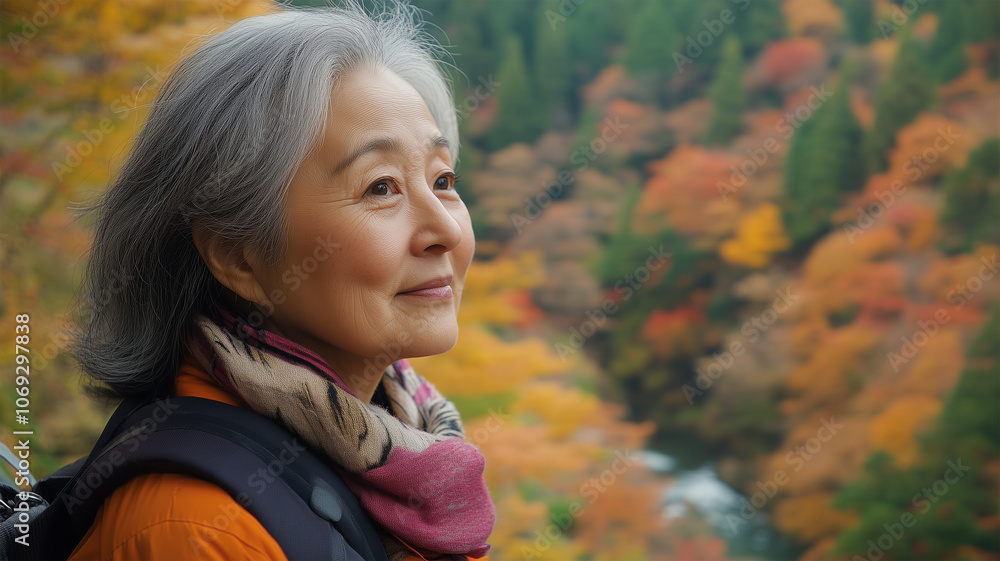Fototapeta premium 紅葉の渓谷でひとときを過ごす女性
