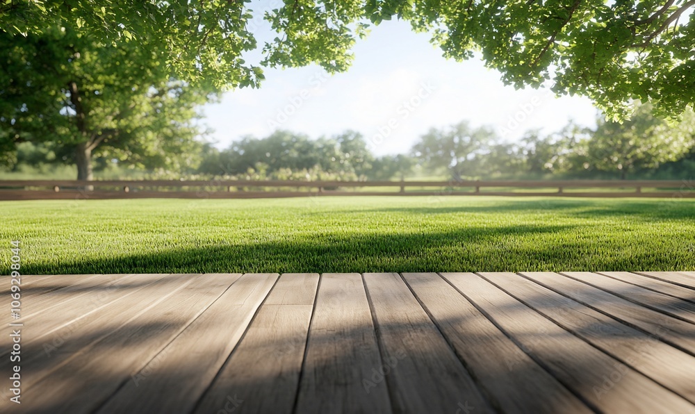 A serene outdoor scene with lush grass and wooden decking. A serene outdoor scene with lush grass and wooden decking.