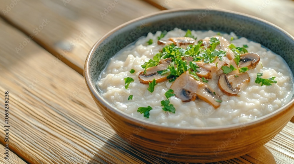 Gourmet Mushroom Risotto in Rustic Bowl on Wooden Table Gourmet Mushroom Risotto in Rustic Bowl on Wooden Table