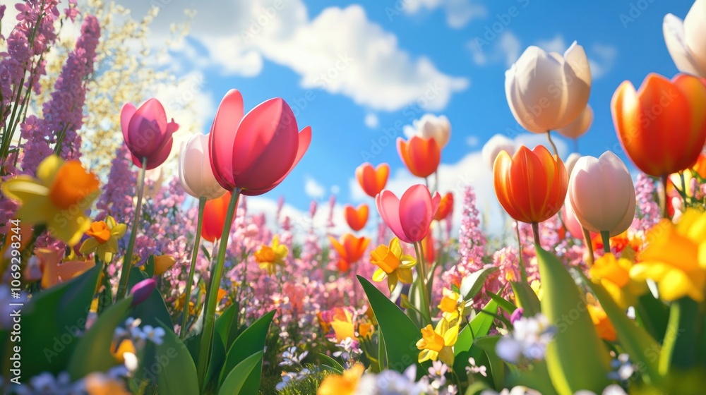 A vibrant field of blooming tulips and other flowers, seen from a low angle, with a bright blue sky and fluffy clouds above. A vibrant field of blooming tulips and other flowers, seen from a low angle, with a bright blue sky and fluffy clouds above.