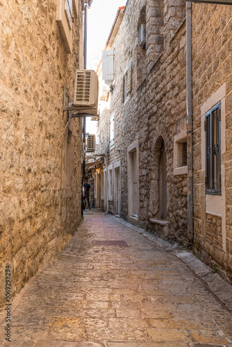 Budva Stone street in the old medieval town of mediterranean country