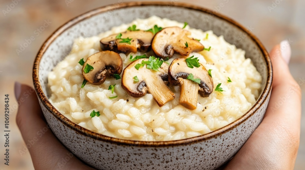 Gourmet Mushroom Risotto in Rustic Bowl on Wooden Table Gourmet Mushroom Risotto in Rustic Bowl on Wooden Table