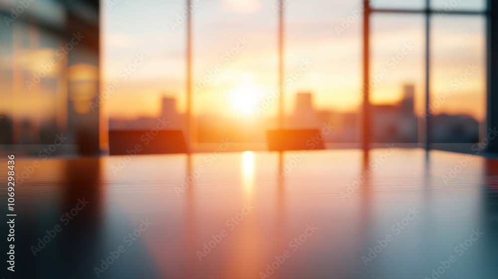 A blurred view of a conference room with a sunset backdrop through large windows. A blurred view of a conference room with a sunset backdrop through large windows.