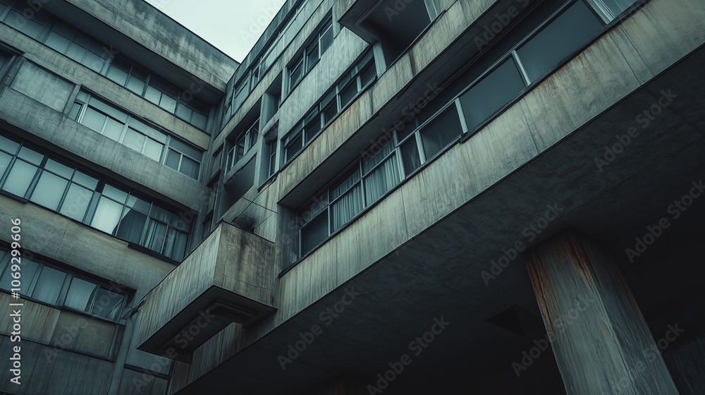 Fototapeta premium Low-angle view of a multi-story building with an aged, concrete facade and repetitive windows, under an overcast sky
