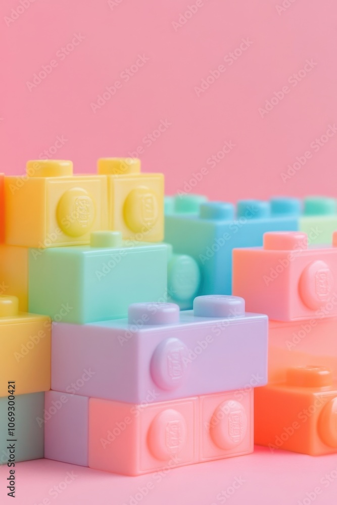 Colorful building blocks in pastel shades on a pink background