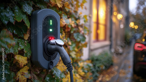 Wallpaper Mural Electric vehicle charger mounted on a wall surrounded by autumn leaves at dusk Torontodigital.ca