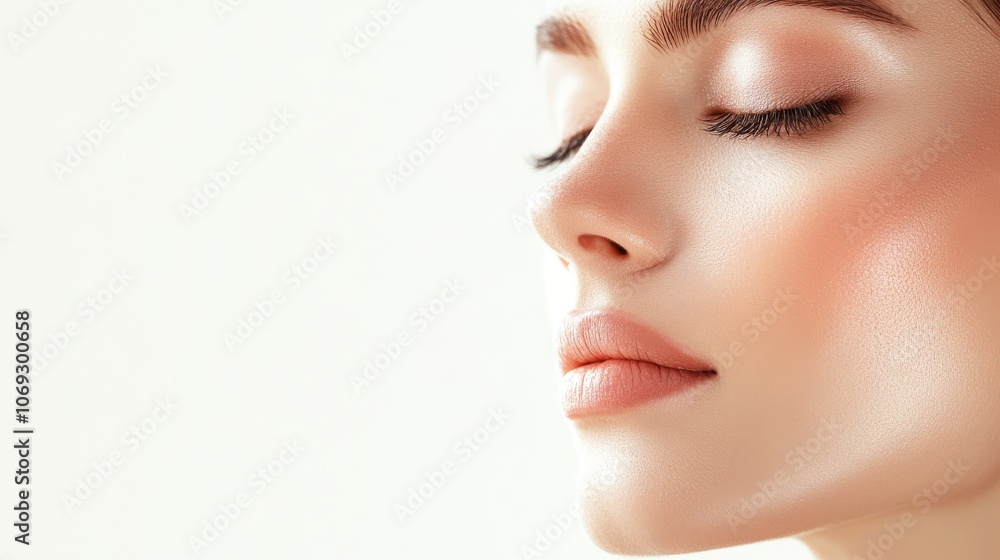 Serene woman with glowing skin in side profile softly lit in neutral tones representing tranquility and natural beauty with a calm and peaceful expression Serene woman with glowing skin in side profile softly lit in neutral tones representing tranquility and natural beauty with a calm and peaceful expression