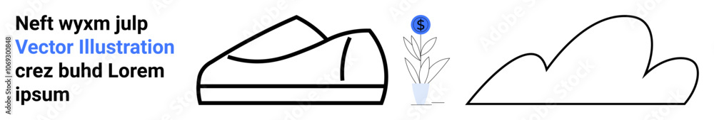 Shoe outline, simple plant with dollar sign, cloud shape, and placeholder text. Ideal for minimalist design, vector art, fashion elements, nature representation, eco-friendly themes, financial growth Shoe outline, simple plant with dollar sign, cloud shape, and placeholder text. Ideal for minimalist design, vector art, fashion elements, nature representation, eco-friendly themes, financial growth