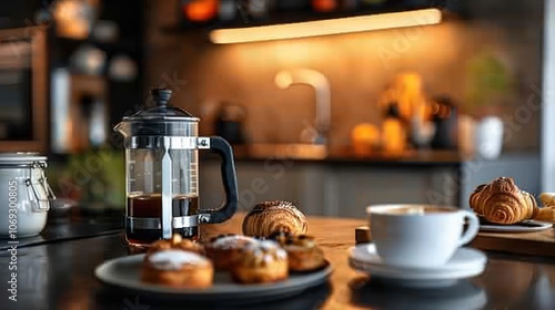 Coffee and Pastry on Kitchen Counter