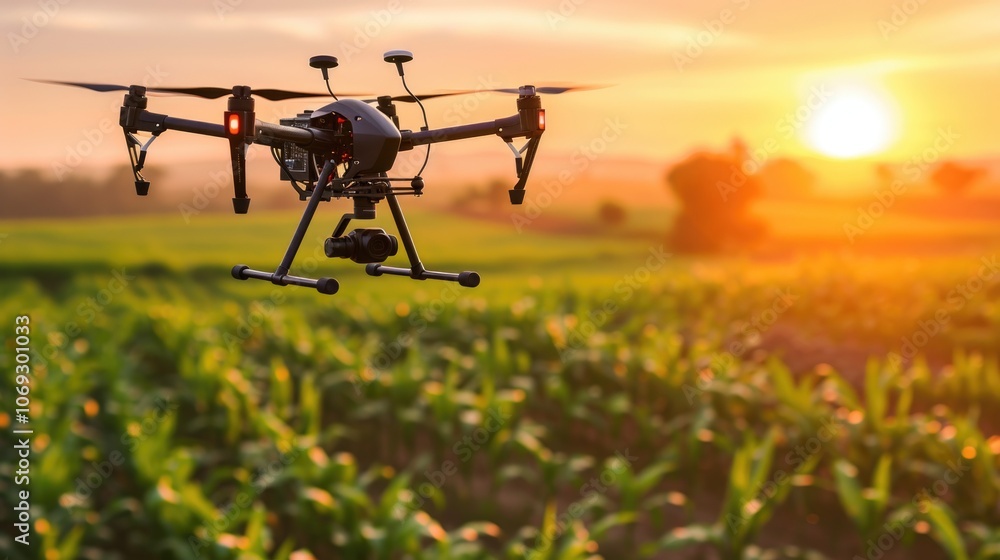 Agronomist operating drone in cornfield for precision agriculture at sunset Agronomist operating drone in cornfield for precision agriculture at sunset