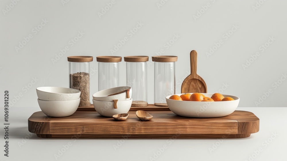 Wooden Serving Tray with Bowls and Jars Wooden Serving Tray with Bowls and Jars
