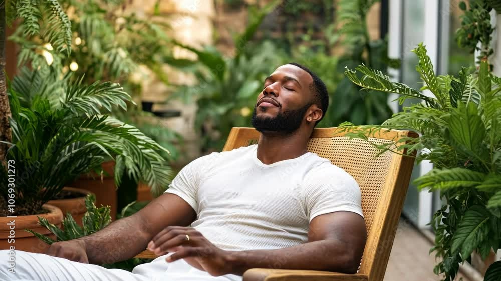 A man relaxes in a chair surrounded by greenery, taking a moment to breathe and enjoy the peaceful atmosphere A man relaxes in a chair surrounded by greenery, taking a moment to breathe and enjoy the peaceful atmosphere