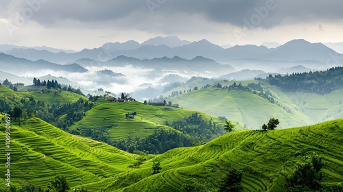  A breathtaking view of a verdant valley surrounded by majestic mountains and fluffy clouds in the sky