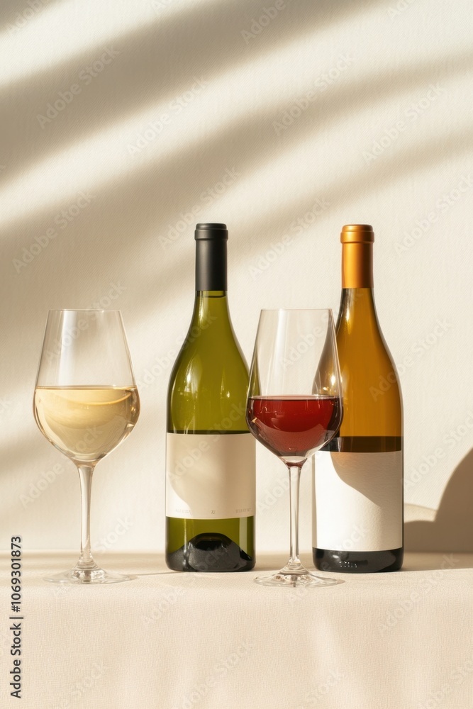 Assortment of wine bottles and glasses on a light background Assortment of wine bottles and glasses on a light background