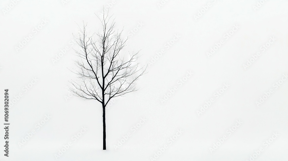 Obraz premium A monochrome image of a tree devoid of foliage amidst snowy surroundings, featuring barren branches