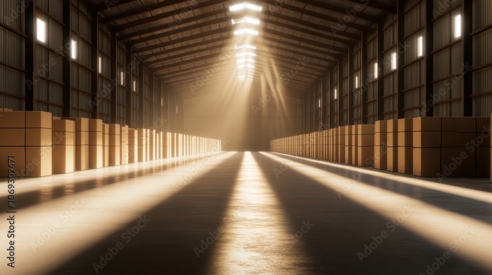 Fototapeta premium Bright light shines through a long industrial warehouse filled with stacked cardboard boxes