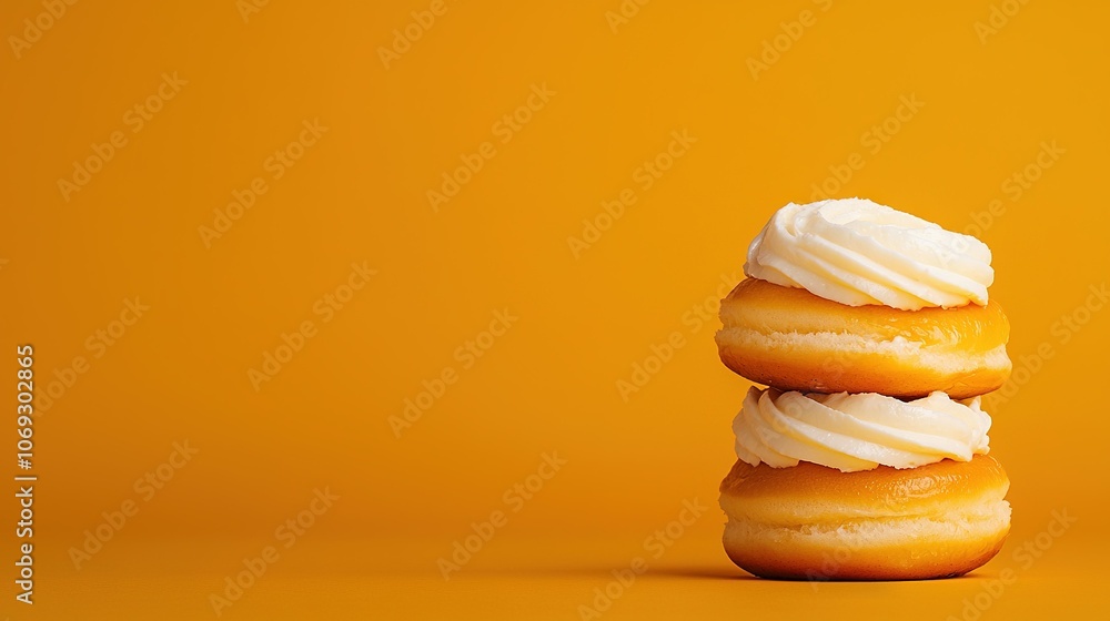 A stack of three doughnuts on a yellow table with a yellow wall background A stack of three doughnuts on a yellow table with a yellow wall background