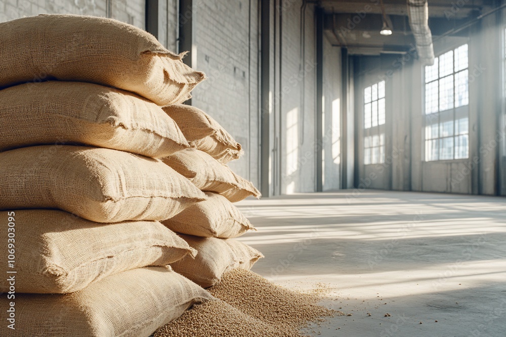 A stack of burlap sacks filled with grain in an industrial space. A stack of burlap sacks filled with grain in an industrial space.