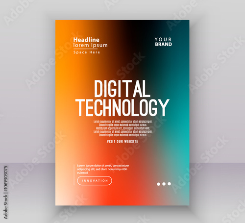 Poster brochure cover banner presentation layout template, Technology digital futuristic internet network green orange gradient background, Abstract cyber future tech, Ai big data business vector