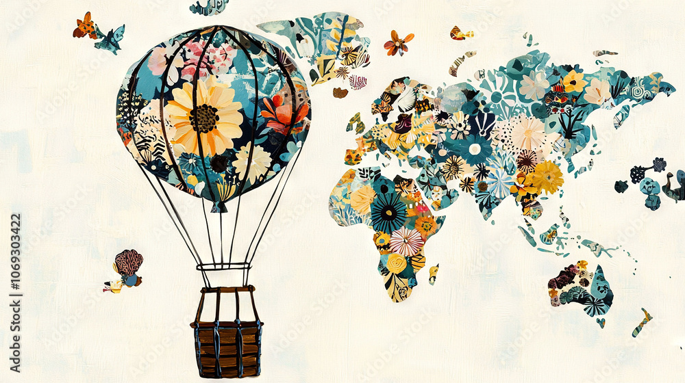 Obraz premium A painting of a hot air balloon with a map of the world on its back and butterflies flying around it