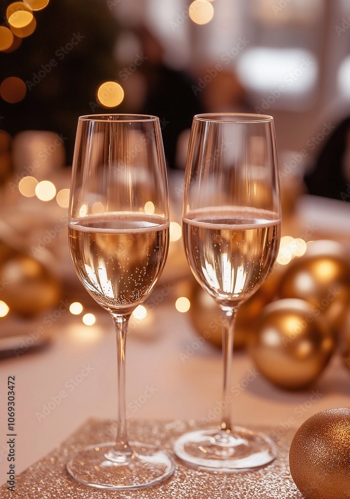 2 glasses of champagne, standing on the table, festive background, at a New Year's party, 2 glasses of champagne, standing on the table, festive background, at a New Year's party,
