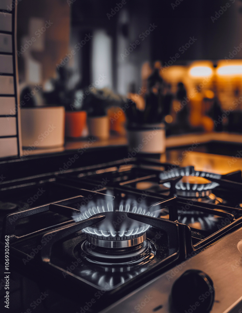 photo of a gas stove burner, close-up of a blue flame, against the background of a kitchen, no people, photo of a gas stove burner, close-up of a blue flame, against the background of a kitchen, no people,