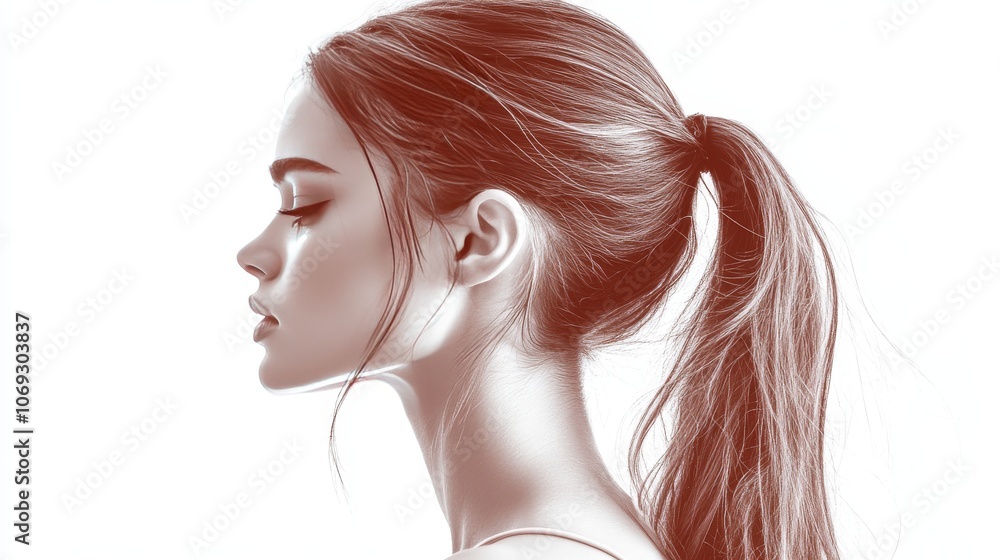 Artistic side profile of woman with high ponytail in soft lighting showcasing a minimalist and elegant representation of modern beauty with natural tones and serene composition Artistic side profile of woman with high ponytail in soft lighting showcasing a minimalist and elegant representation of modern beauty with natural tones and serene composition