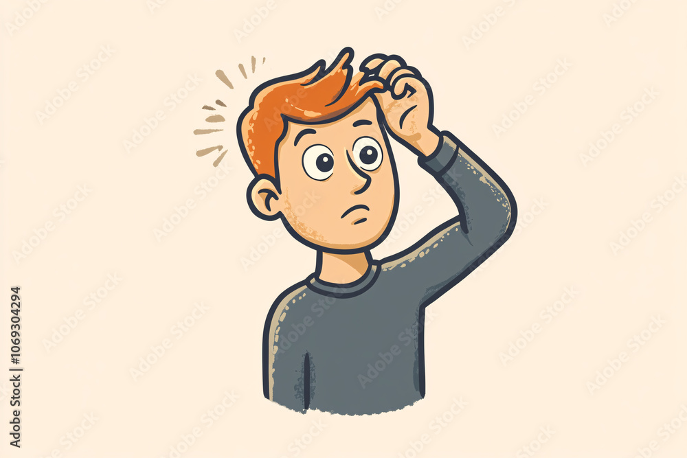 Cartoon boy scratching his head in a puzzled manner with raised eyebrows and curious expression on a simple light background
Cartoon boy scratching his head in a puzzled manner with raised eyebrows and curious expression on a simple light background