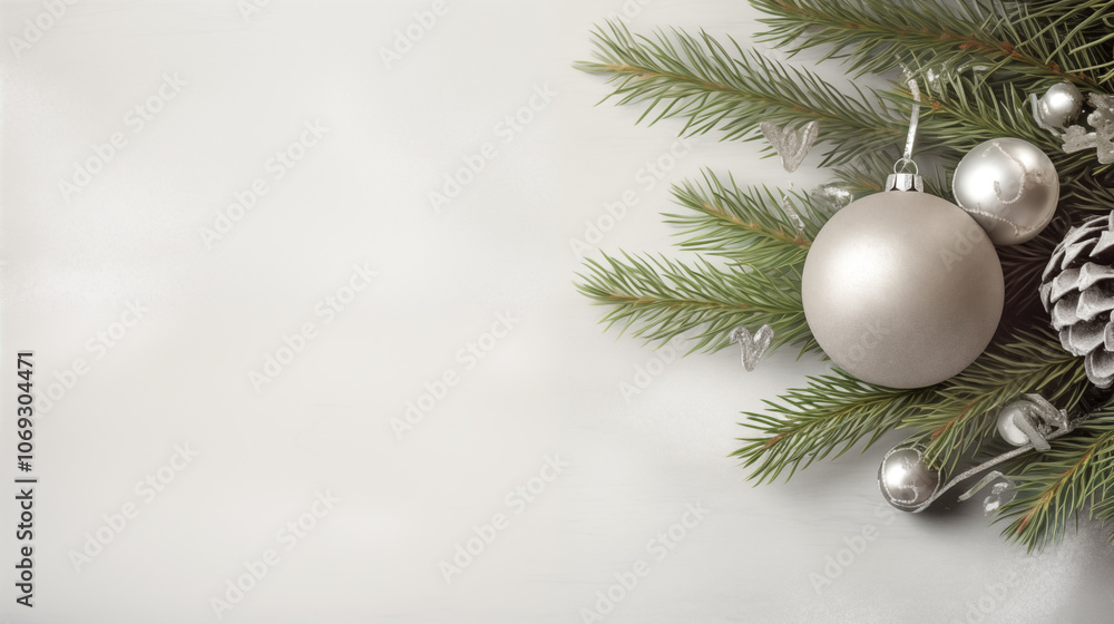 Festive Christmas and New Year holiday banner card with single minmalist ornament hanging from pine branch. with copy space and glitter bokeh. Holiday bokeh background with copy space. Festive Christmas and New Year holiday banner card with single minmalist ornament hanging from pine branch. with copy space and glitter bokeh. Holiday bokeh background with copy space.