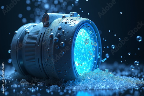 Waterproof camera lens with glowing blue light - ideal for underwater photography blogs, tech websites, adventure travel guides, and product marketing campaigns photo