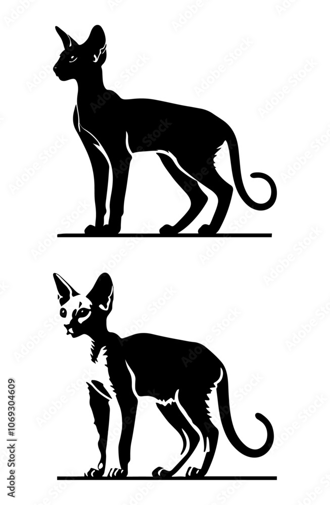 Obraz premium Oriental Cats Silhouette – Elegant Black and White Vector of Two Sleek Cats, Standing and Sitting. ¥