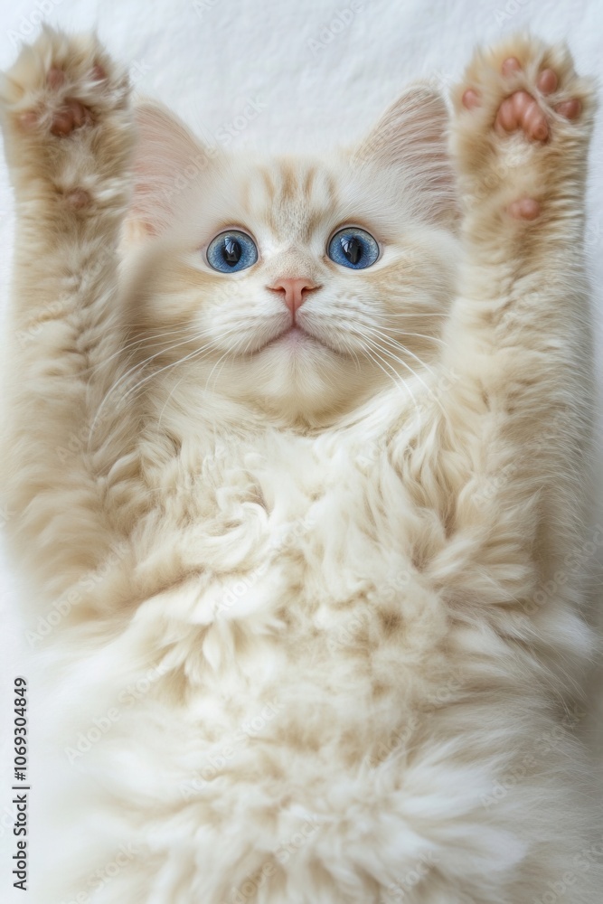 Obraz premium Adorable fluffy white kitten with big blue eyes