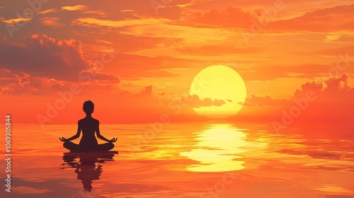 A silhouette of a woman meditating on the water at sunset.