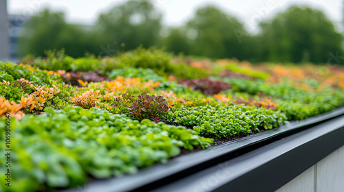 A close-up of a green roof on an urban building, featuring eco-friendly designs that benefit the environment.