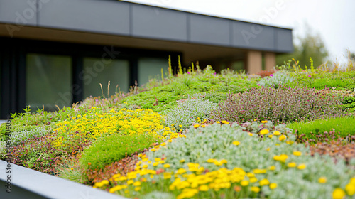 A close-up of a green roof on an urban building, featuring eco-friendly designs that benefit the environment.