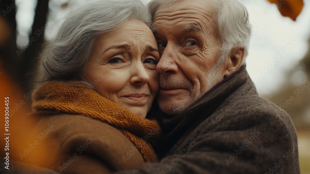 Elderly couple in love, embracing outdoors in fall. Elderly couple in love, embracing outdoors in fall.