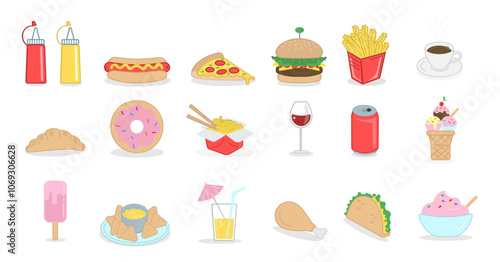 Food drawings, illustrations of snack bars, restaurants, markets, sweet and savory shops, French fries hamburgers, hot dogs and others. Vector colorful icons