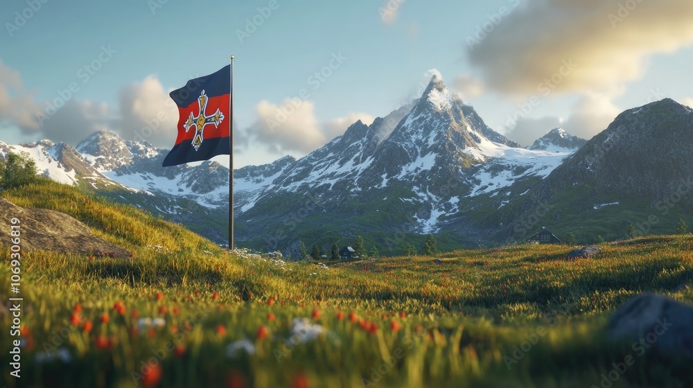 A flag with a cross flies proudly against a backdrop of snow-capped mountains and a lush green valley. A flag with a cross flies proudly against a backdrop of snow-capped mountains and a lush green valley.