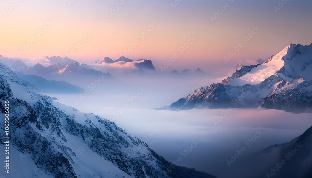 serene winter mountain scene with misty morning light, snow-covered peaks, and soft pastel sky serene winter mountain scene with misty morning light, snow-covered peaks, and soft pastel sky